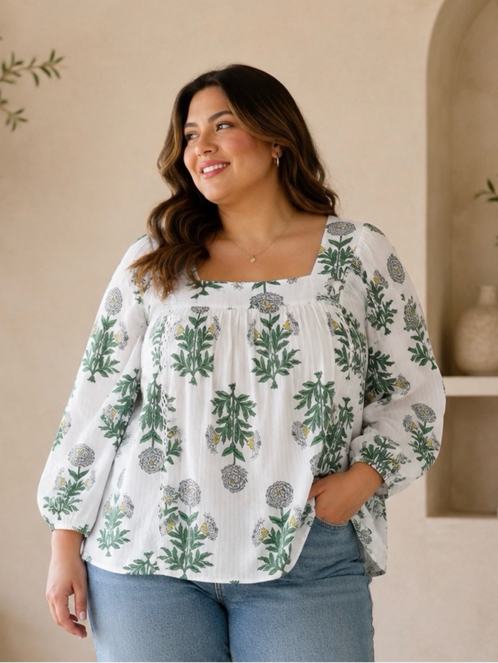 Lane Bryant Floral Botanical Blouse White Green 18/20 100% Cotton Boho